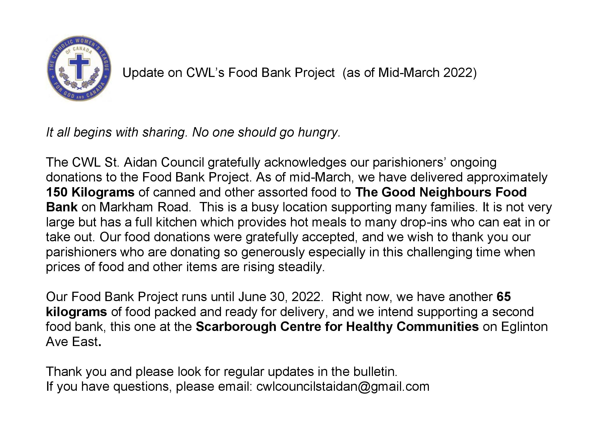 CWL Food Bank Project Update - mid-March 2022