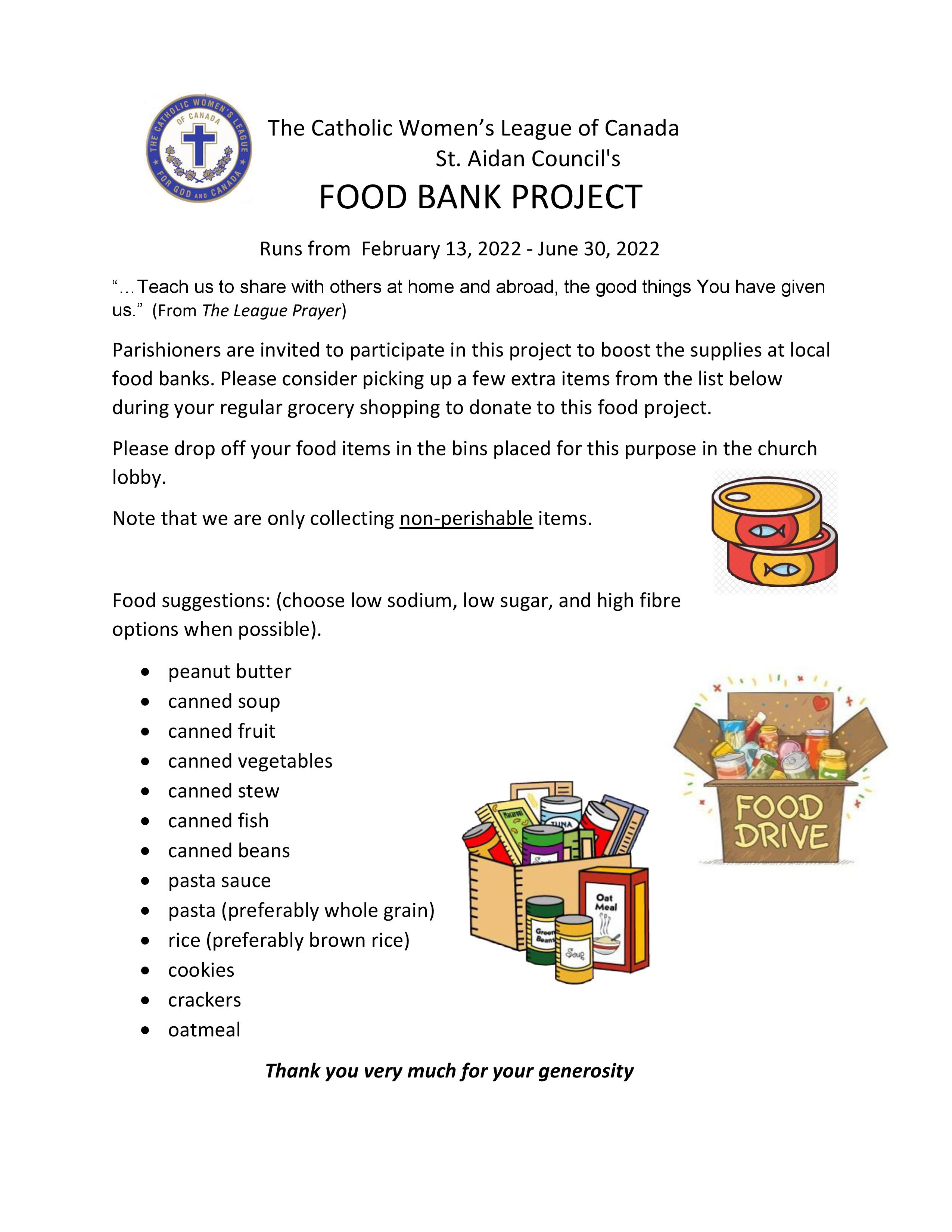 Food Bank Project - CWL St. Aidan Council -Feb to Jun 2022